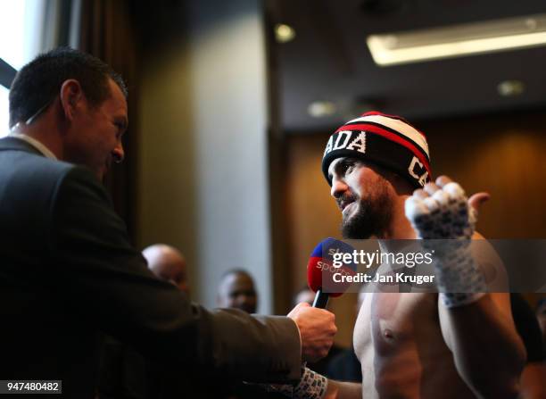 Phil Lo Greco of Canada speaks to Television Reporters after a Meida Work Out at the Hilton Hotel on April 17, 2018 in Liverpool, England.