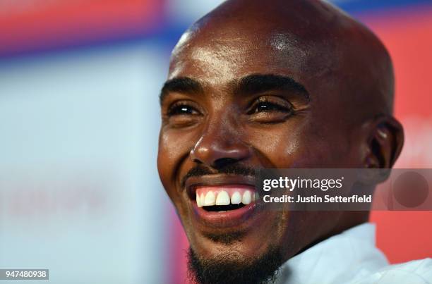 Mo Farah of Great Britain talks to the media during a press conference prior to the weekends Virgin Money London Marathon on April 17, 2018 in...
