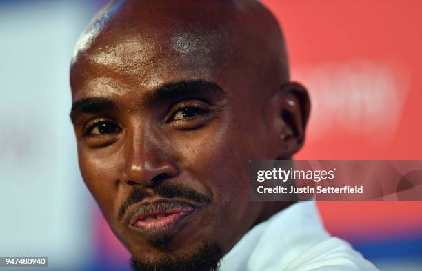 Mo Farah of Great Britain talks to the media during a press conference prior to the weekends Virgin Money London Marathon on April 17, 2018 in...