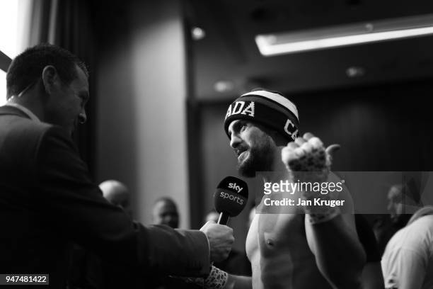 Phil Lo Greco of Canada speaks to Television Reporters after a Meida Work Out at the Hilton Hotel on April 17, 2018 in Liverpool, England.