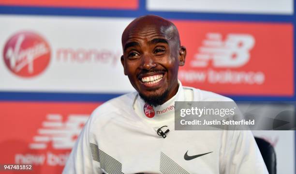 Mo Farah of Great Britain talks to the media during a press conference prior to the weekends Virgin Money London Marathon on April 17, 2018 in...