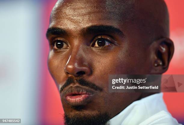 Mo Farah of Great Britain talks to the media during a press conference prior to the weekends Virgin Money London Marathon on April 17, 2018 in...