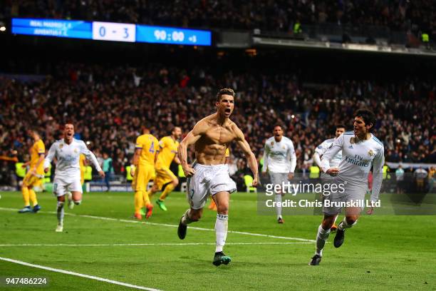 Cristiano Ronaldo of Real Madrid celebrates scoring his side's first goal during the UEFA Champions League Quarter Final, second leg match between...