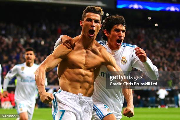 Cristiano Ronaldo of Real Madrid celebrates scoring his side's first goal during the UEFA Champions League Quarter Final, second leg match between...