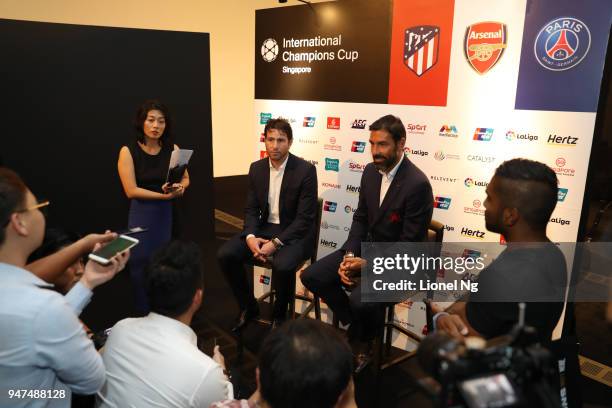 Football legends former Paris Saint-Germain player Maxwell Scherrer and former Arsenal FC player Robert Pires speak to the media during the...