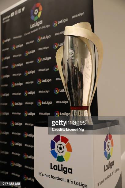 The Spanish LaLiga trophy is seen before the International Champions Cup launch press conference on April 17, 2018 in Singapore.