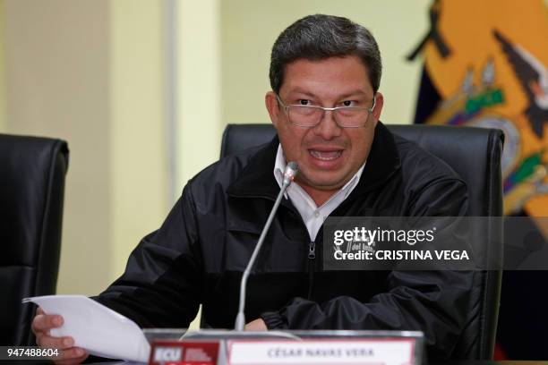 Ecuador's Interior Minister Cesar Navas confirms the kidnapping of two people in the border with Colombia, during a press conference in Quito on...