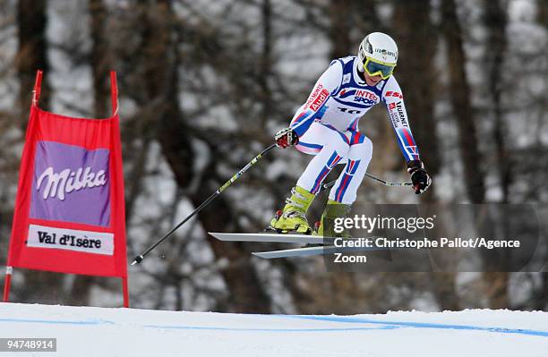 Sandrine Aubert of France takes 11th place during the Audi FIS Alpine Ski World Cup Women's Super Combined on December 18, 2009 in Val d'isère,...