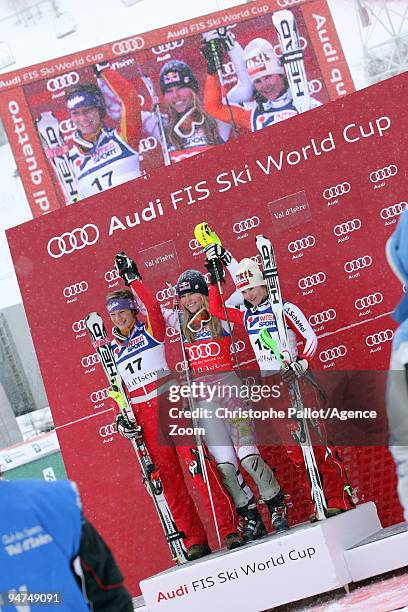 Lindsey Vonn of the USA takes 1st palce, Maria Riesch of Germany takes 2nd place, Elisabeth Goergl of Austria takes 3rd place during the Audi FIS...