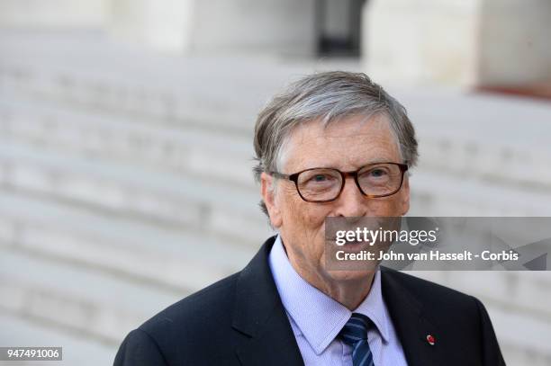 French President Emmanuel Macron receives Bill Gates of the Bill and Melinda Gates Foundation at Elysee Palace on April 16, 2018 in Paris, France.