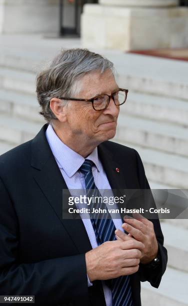 French President Emmanuel Macron receives Bill Gates of the Bill and Melinda Gates Foundation at Elysee Palace on April 16, 2018 in Paris, France.