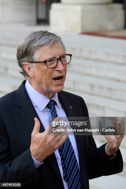 French President Emmanuel Macron receives Bill Gates of the Bill and Melinda Gates Foundation at Elysee Palace on April 16, 2018 in Paris, France.