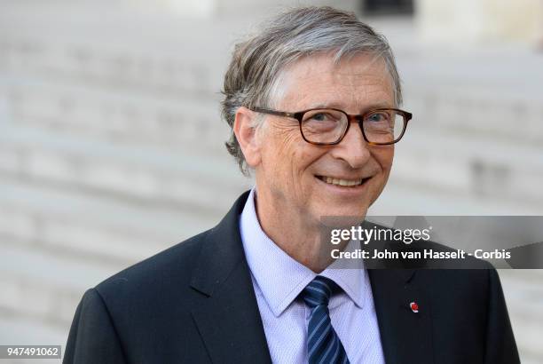 French President Emmanuel Macron receives Bill Gates of the Bill and Melinda Gates Foundation at Elysee Palace on April 16, 2018 in Paris, France.