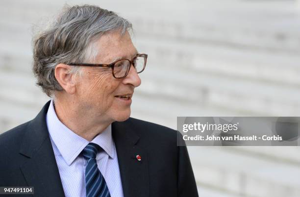 French President Emmanuel Macron receives Bill Gates of the Bill and Melinda Gates Foundation at Elysee Palace on April 16, 2018 in Paris, France.