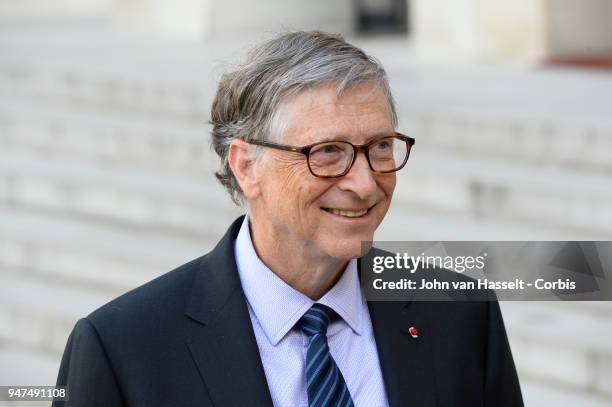 French President Emmanuel Macron receives Bill Gates of the Bill and Melinda Gates Foundation at Elysee Palace on April 16, 2018 in Paris, France.