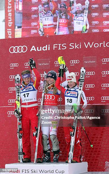 Lindsey Vonn of the USA takes 1st palce, Maria Riesch of Germany takes 2nd place, Elisabeth Goergl of Austria takes 3rd place during the Audi FIS...