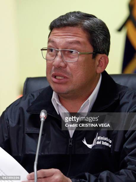 Ecuador's Interior Minister Cesar Navas confirms the kidnapping of two people in the border with Colombia, during a press conference in Quito on...