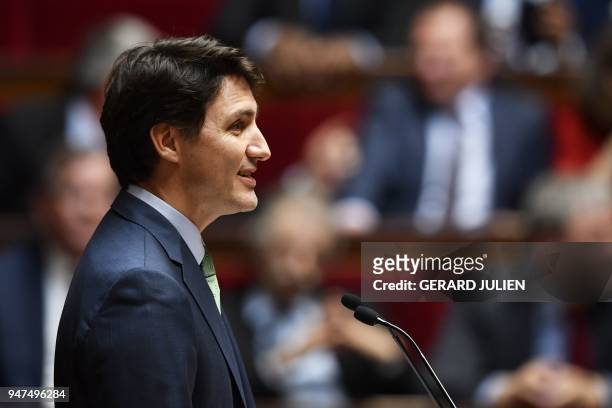 Canadian Prime Minister Justin Trudeau delivers a speech at the French National Assembly in Paris, on April 17 as part of his two-day official visit...
