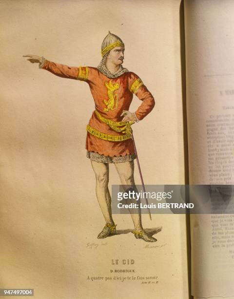 Illustration by GEOFFROY representing the hero of the play, Don Rodrigue as Le CID. Dessin de GEOFFROY représentant le héros de la pièce, Don...