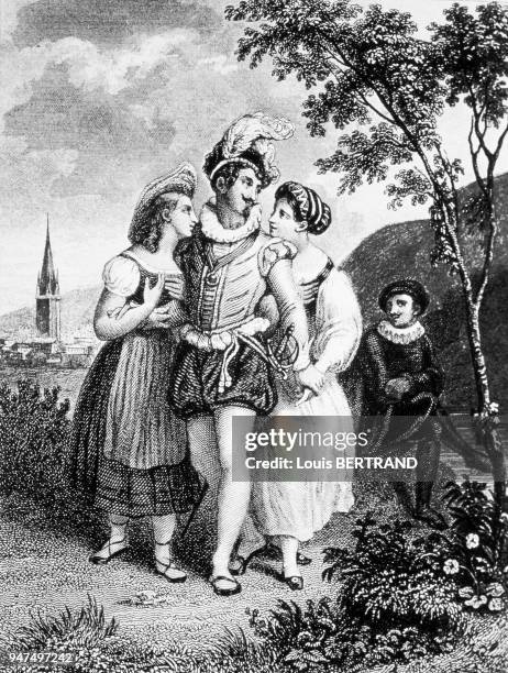 Illustration du XIXème siècle sur la comédie de Molière, 'Don Juan ou le festin de pierre' écrit en 1665 - Est représentée ici la scène IV de l'acte...