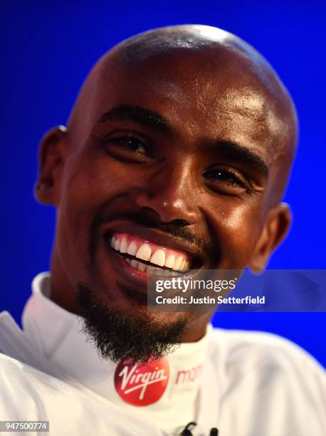 Mo Farah speaks during a Press Conference ahead of the Virgin Money London Marathon on April 17, 2018 in London, England.