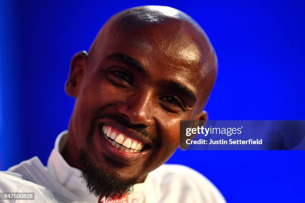 Mo Farah speaks during a Press Conference ahead of the Virgin Money London Marathon on April 17, 2018 in London, England.