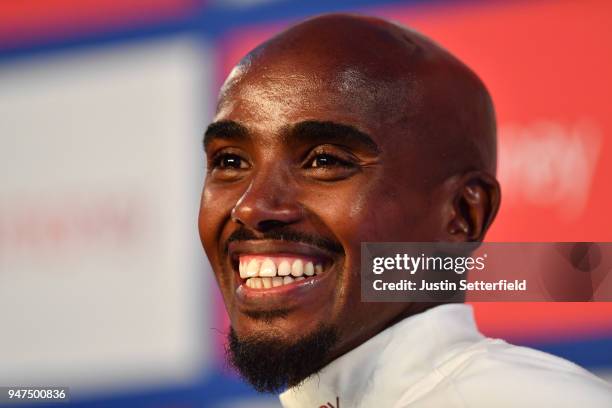 Mo Farah speaks during a Press Conference ahead of the Virgin Money London Marathon on April 17, 2018 in London, England.