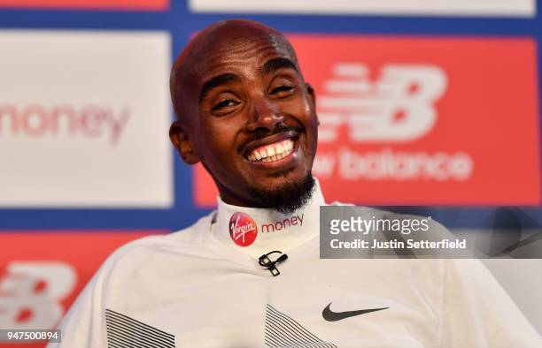 Mo Farah speaks during a Press Conference ahead of the Virgin Money London Marathon on April 17, 2018 in London, England.
