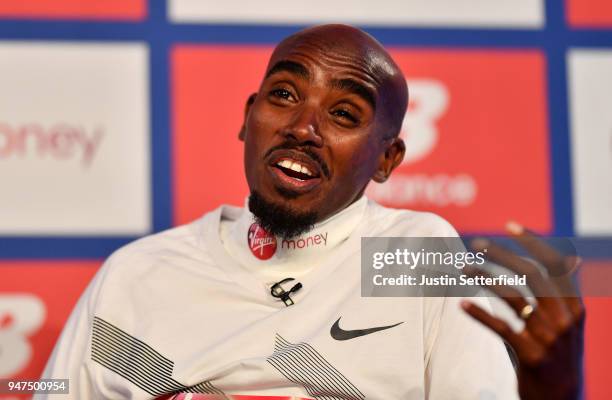 Mo Farah speaks during a Press Conference ahead of the Virgin Money London Marathon on April 17, 2018 in London, England.