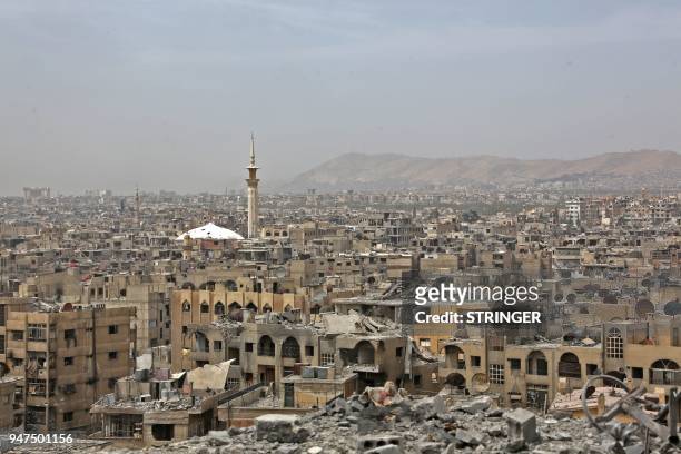 General view of Douma on the outskirts of Damascus on April 17, 2018 after the Syrian army declared that all anti-regime forces have left Eastern...