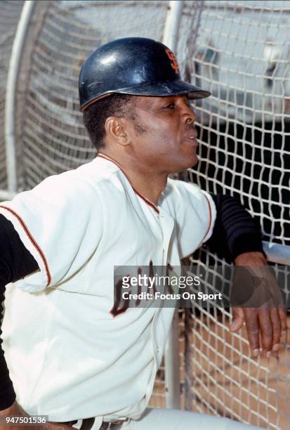 Outfielder Willie Mays of the San Francisco Giants looks on during batting practice prior to the start of a Major League Baseball game circa 1965....