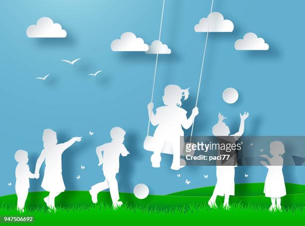 happy children playing. paper cut style - girl swing vector stock illustrations