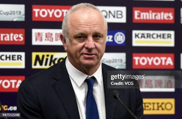 Sydney FC head coach Graham Arnold attends the press conference after the AFC Champions League Group H match between Sydney FC and Shanghai Shenhua...