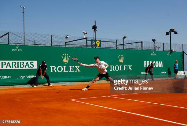 Kyle Edmund of Great Britain stretches for a forehand return during his Mens Singles match against Andreas Seppi of Italy at Monte-Carlo Sporting...
