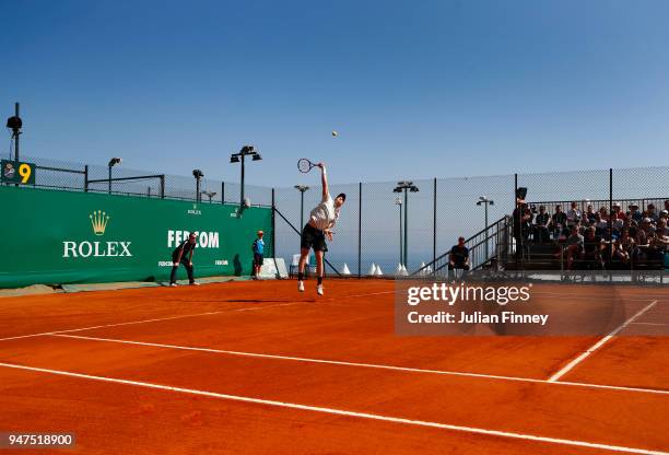 Kyle Edmund of Great Britain serves during his Mens Singles match against Andreas Seppi of Italy at Monte-Carlo Sporting Club on April 17, 2018 in...
