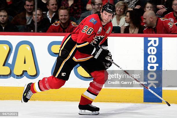Robyn Regehr of the Calgary Flames skates against the Minnesota Wild on December 11, 2009 at Pengrowth Saddledome in Calgary, Alberta, Canada. The...