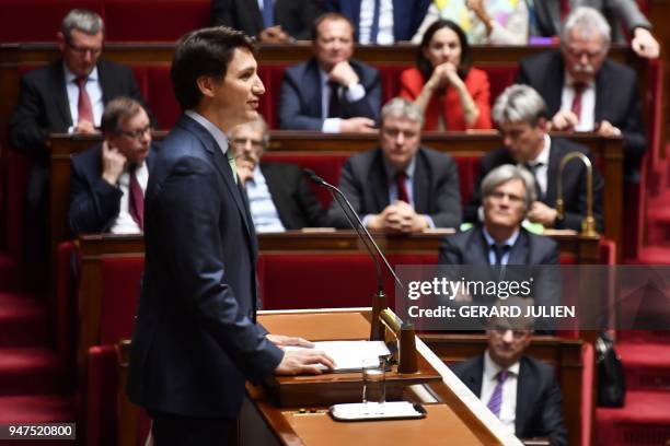 Canadian Prime Minister Justin Trudeau delivers a speech at the French National Assembly in Paris, on April 17 as part of his two-day official visit...