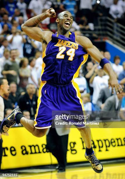 Kobe Bryant of the Los Angeles Lakers celebrates after defeating the Orlando Magic 99-86 in Game Five of the 2009 NBA Finals on June 14, 2009 at...