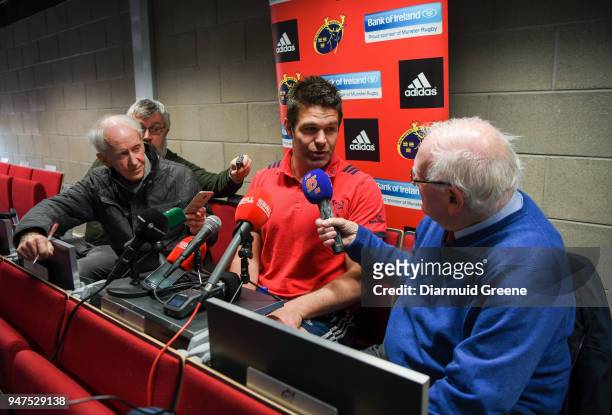 Limerick , Ireland - 17 April 2018; Billy Holland speaks to Len Dineen of Limerick's Live 95fm during a Munster Rugby press conference at the...