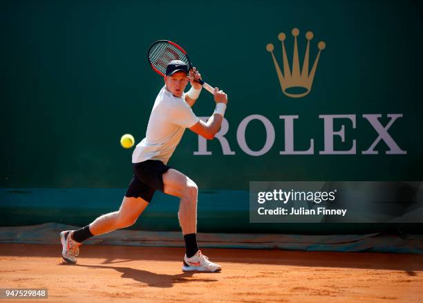 Kyle Edmund of Great Britain hits a backhand return during his Mens Singles match against Andreas Seppi of Italy at Monte-Carlo Sporting Club on...