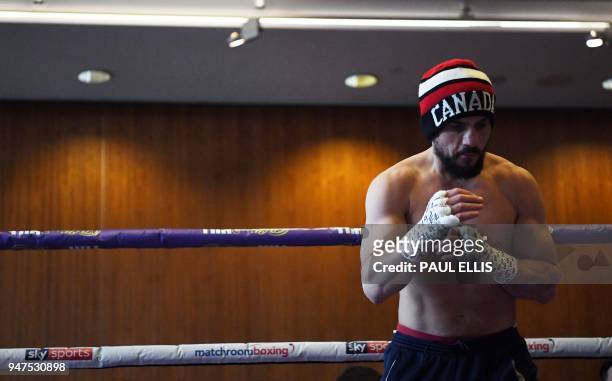Canada's Phil Lo Greco attends a pre-fight public work out at Paradise Place in Liverpool on April 17 ahead of his welterweight boxing bout against...