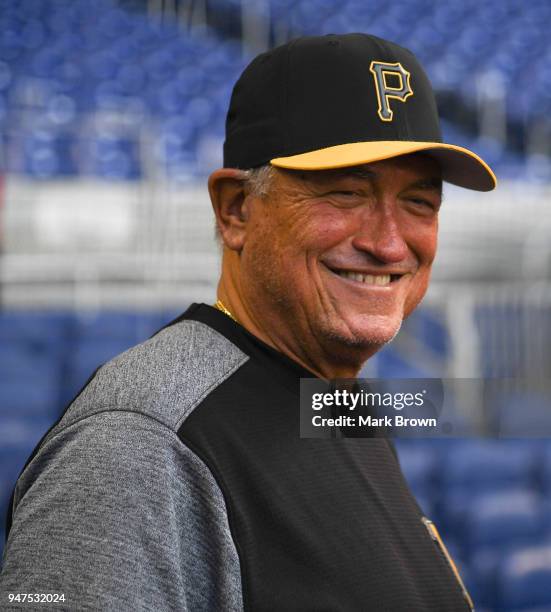 Manager Clint Hurdle of the Pittsburgh Pirates looks on before the game against the Miami Marlins at Marlins Park on April 14, 2018 in Miami,...