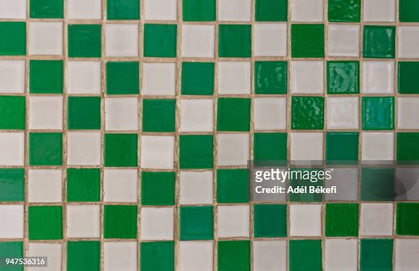 full frame shot of green and white mosaic tiles - roof tile stock-fotos und bilder