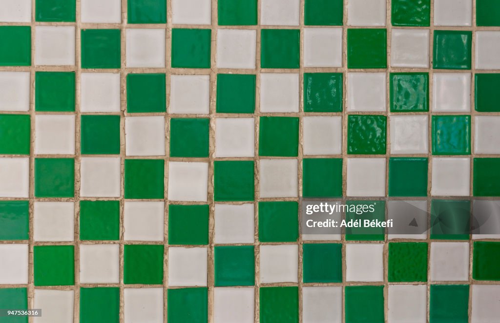 Full frame shot of green and white mosaic tiles