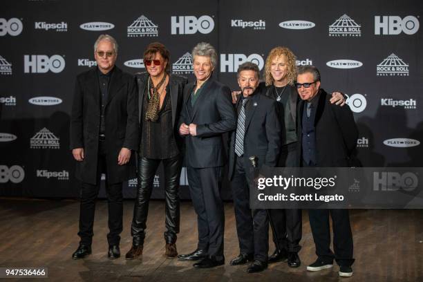 Inductees Hugh McDonald, Richie Sambora, Jon Bon Jovi, Alec John Such, David Bryan and Tico Torres of Bon Jovi attend the 33rd Annual Rock & Roll...