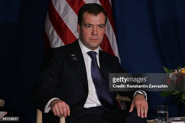 Russian president Dmitry Medvedev looks on after the session of United Nations Climate Change Conference December 18, 2009 in Copenhagen, Denmark....