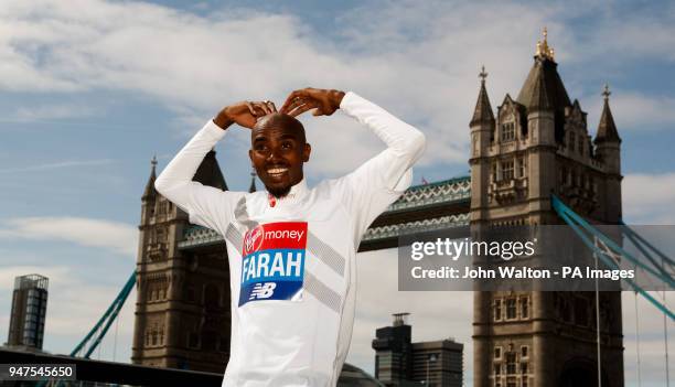 Sir Mo Farah during a press conference at The Tower Hotel, London. Picture date: Tuesday April 17, 2018. See PA story ATHLETICS Marathon. Photo...