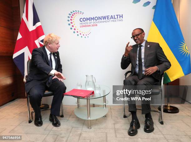 The President of Rwanda Paul Kagame attends bilateral talks with British Foreign Secretary Boris Johnson at the Intercontinental during the...