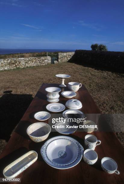 Vaisselle en faïence remontée de l'épave du navire britannique 'Colombian', près de l'Ile de Molène, dans le Finistère, en France.