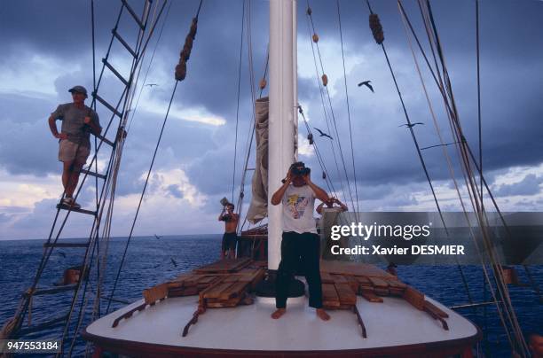 The sailing boat Rara Avis arriving at the Clipperton atoll located in the eastern Pacific , 690 nautical miles from Acapulco. The Clipperton atoll...